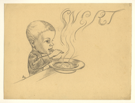 39695 Afbeelding van een jongetje met een bord dampende erwtensoep voor zich in de uitdeelpost Paulushuis te Utrecht.